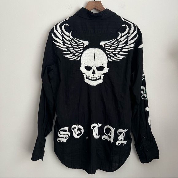 Raw 7 men button up shirt long sleeve Scull Wings spell out embroidery black L - Picture 1 of 6